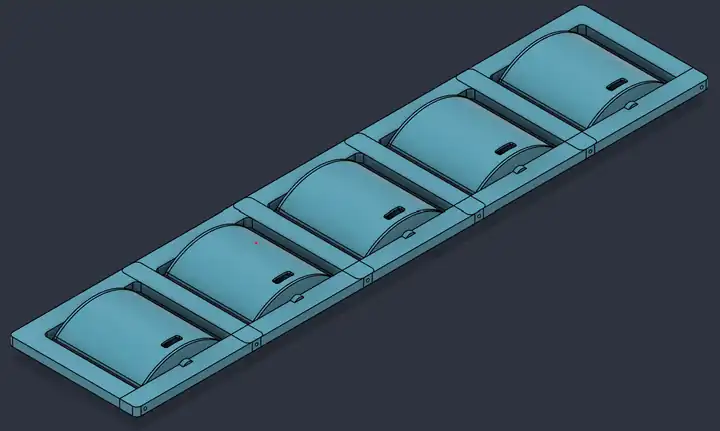 CAD model of the Cove five-bay prototype: a long floating frame holding five curved rocking panels, each in its own bay.